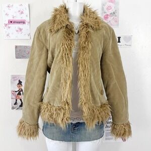 Pure Original Y2K Tan Suede-Feel Shaggy Faux Fur Jacket Size 14